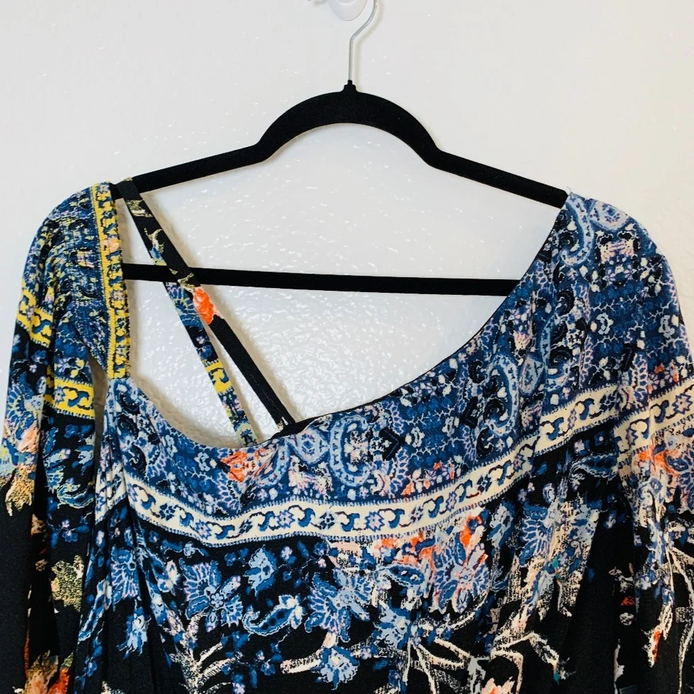 Free People Modern Nomad Mini Dress Large One Shoulder Boho Floral Long Sleeve